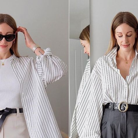 Charlotte | Everyday Style Made Simple 🤍 on Instagram: "ad DAY 👉🏼 NIGHT: Styling an oversized stripe shirt 👔 Which is your favourite? Classic striped oversize button down shirt - @ancosti_official #ancosti I’m obsessed with the voluminous sleeves + slouchy, oversized fit of this shirt. It’s super comfortable and breathable as it’s 93% cotton + 4% linen (perfect for spring, summer and holidays abroad) I like to style my shirts in spring either unbuttoned over a tank for an everyday outfit, t