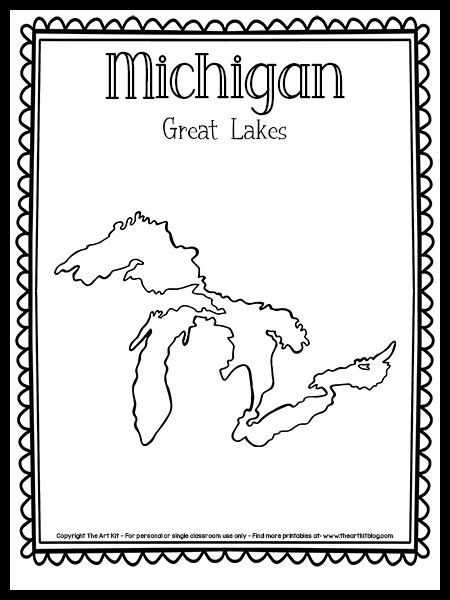 Michigan Printables Free, Lake Printables Free, Michigan Preschool Activities, Michigan Coloring Pages, Michigan Pictures, Michigan Facts, Great Lakes Map, State Project, Michigan Crafts