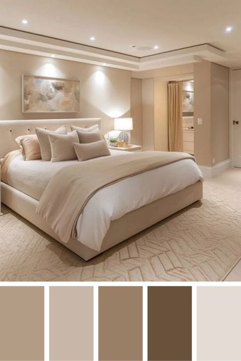 Cream Coloured Bedroom Ideas, Bedroom Champagne Color, Color Palette For Room Bedrooms, Paint For Bedrooms Ideas, Bedroom Decor Master Neutral Accent Walls, Ecru Bedroom Color Schemes, Beige Wall With Accent Wall, Apartment Decor Beige, Bedroom Inspirations Beige Walls