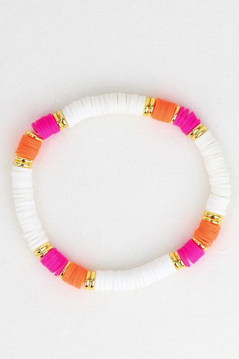 Rubber Bead Bracelets Ideas, Flat Beads Ideas, Multi Color Clay Bead Bracelet, Orange And Pink Clay Bead Bracelet, Coastal Clay Bead Bracelet, Bracelets To Make With Clay Beads, Summer Bracket Ideas, Clay Bead Inspo Summer, Hawaii Bracelet Ideas