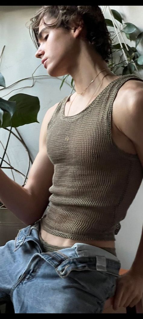 Crop Top Men, Mens Crop Top, Queer Fashion, Tank Top Outfits, Mens Outfit Inspiration, Knit Tank Top, Knit Tank, Looks Style, Retro Outfits