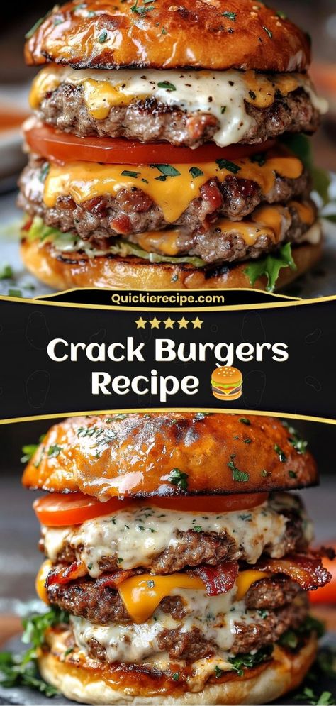 Crack Burgers are juicy, flavor-packed burgers loaded with creamy ranch seasoning, crispy bacon, and melty cheddar cheese. These burgers are totally addictive and perfect for your next cookout or weeknight meal! 🍔 Best Hamburger Patty Recipe, Hamburger Patty Recipe, Burger Soup, Patty Melt Recipe, Sloppy Joe Recipe Easy, Easy Fast Dinner Recipes, Patty Recipe, Hamburger Patty, Cheese Burgers