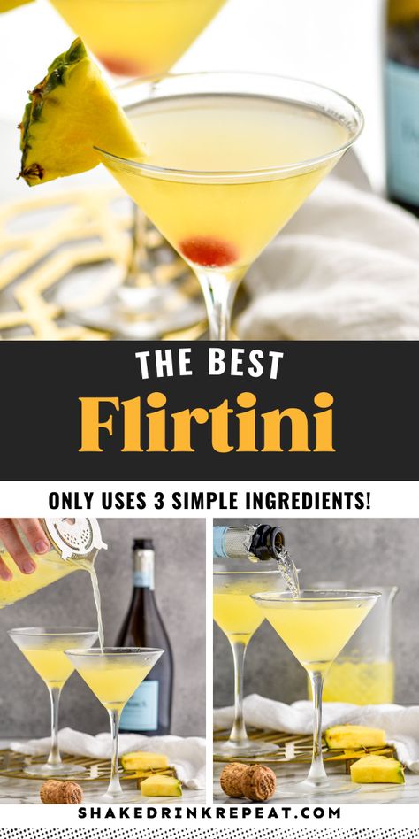 The Flirtini is a fruity champagne cocktail with tropical vibes. It is refreshing, bubbly, and flirtatious. This sparkling martini is perfect for your next party or celebration! Martini Party Appetizers, Fruity Martini Recipes, Fun Martini Recipes, Flirtini Cocktail, Summer Martini Recipes, Birthday Cocktail Recipes, Fruity Martini, Martini Ideas, Pineapple Martini