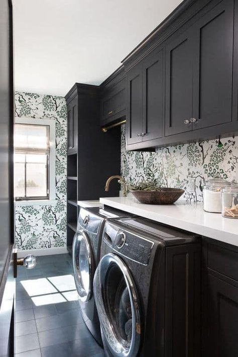 Black And White Backsplash, White Laundry Rooms, Laundry Room Lighting, Laundry Room Wallpaper, Stylish Laundry Room, Modern Remodel, White Laundry, Laundry Room Renovation, Laundry Room Shelves