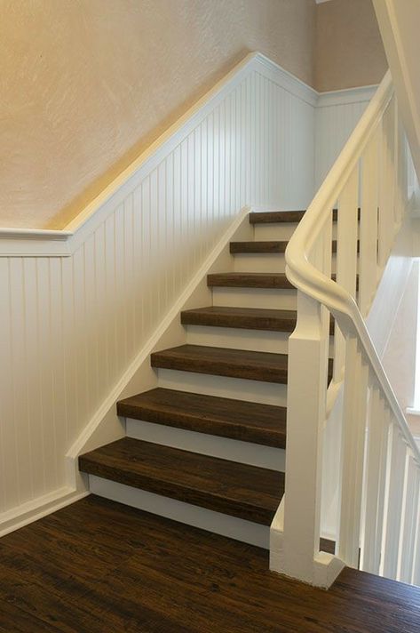 Beadboard Stairs Wall, Bead Board Stairs, Beadboard Stairwell, Stairway Wainscoting, Staircase Paneling, Stairs Skirting, Stairs And Hallway Ideas, Stairs Cladding, Stairwell Wall