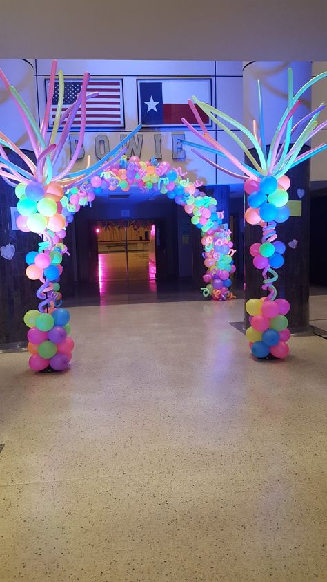 Elementary School Dance Decorations, Neon School Dance Decorations, Neon Homecoming Theme, Rio Prom Theme, Spring Dance Ideas, Elementary School Dance Themes, Spring Dance Decorations, Spring Fling Dance Decorations, Neon Prom Theme