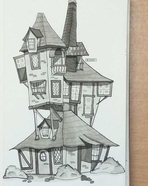 The Weasley House, Weasley House Tattoo, Harry Potter Houses Drawings, Weasley House Drawing, Vertical Drawing Ideas, The Burrow Drawing, Hogwarts Castle Drawing, Weasley House, The Burrow Harry Potter