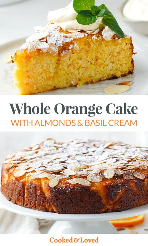 This classic flourless orange almond cake with toasted almonds and basil cream is one of my favourite desserts. Made with whole oranges (including the rind!) and almond meal, this cake is gluten-free and grain-free and can be made with sugar or sugar-free sweetener (which is how I make often make it). Orange Glaze Cake, Healthy Orange Cake, Almond Orange Cake, Orange Cake Recipe Moist, Orange Almond Cake, Whole Orange Cake, Orange And Almond Cake, Cake Orange, Semolina Cake