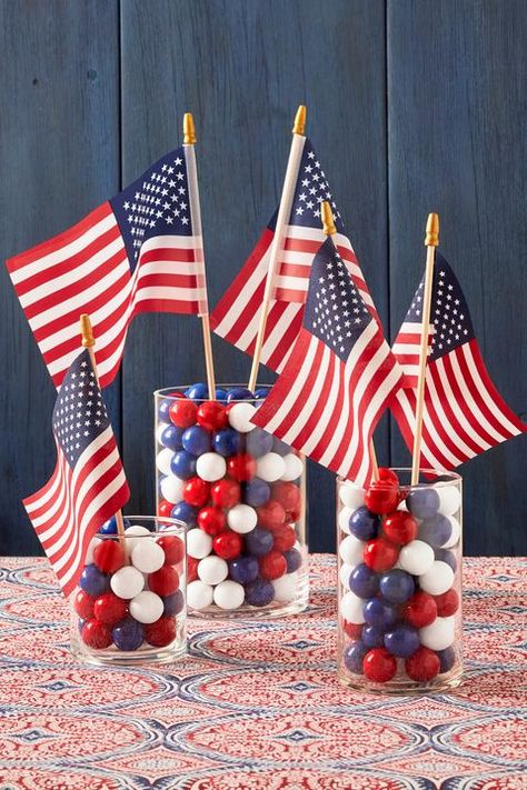 Fireworks Centerpiece, Candy Jars Diy, Candy Centerpiece, Patriotic Centerpieces, Paper Flower Centerpieces, Usa Party, Handmade Charlotte, Fourth Of July Food, Patriotic Party