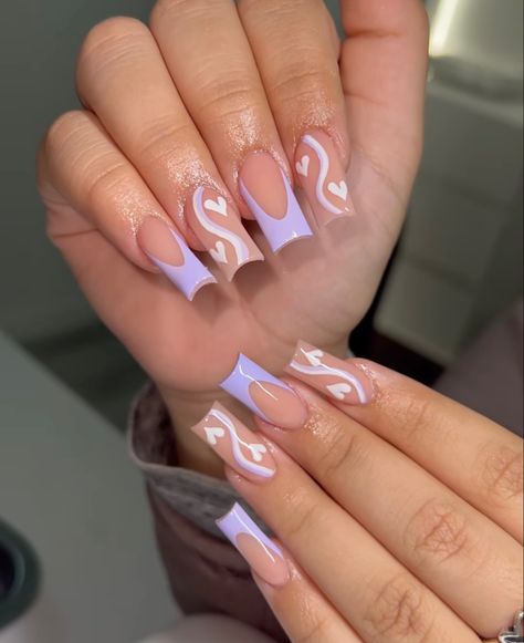 French Tips With Purple Design, Purple Back To School Nails, Acrylic Nails Light Purple, Purple And Pink Nails Design, Basic Birthday Nails, Pink Drip Nails, Nail Art Designs Purple, Purple Nails French Tip, Lavender And White Nails