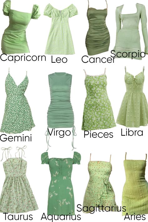 See which what green dress your zodiac got Zodiac Outfits Signs Fashion, Zodiac Signs Dresses, Sagittarius Dress, Zodiac Dresses, Dress Sketching, Aquarius Dress, Zodiac Signs Outfits, Libra Aesthetic, Birth Facts