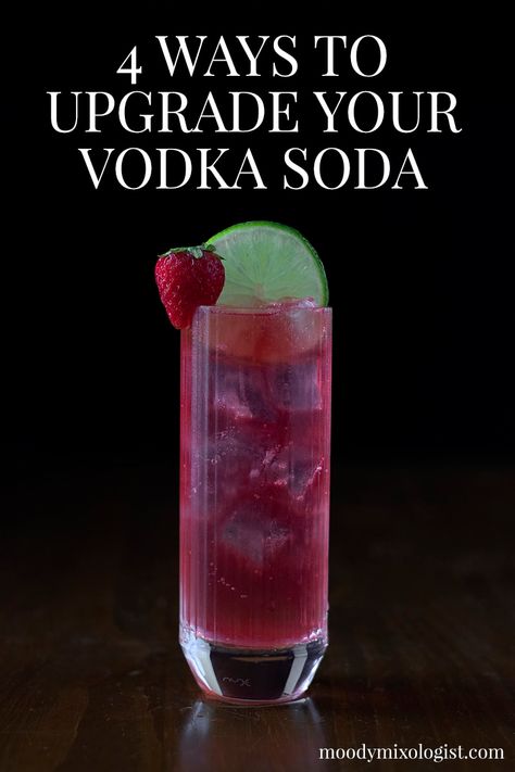 4 Ways to Upgrade Your Vodka Soda - Moody Mixologist Vodka Soda Drinks, Vodka Soda Recipe, Vodka Soda Cocktails, Summer Vodka Drinks, Moody Mixologist, Apple Pie Moonshine Drinks, Vodka Mixers, Tequila Recipes, Drinks Vodka