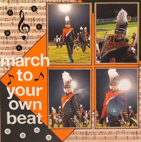 Band Scrapbook Layouts, Band Senior Night Posters, Comic Book Crafts, Scrapbook Sample, Comic Book Background, Marching Band Quotes, Senior Night Posters, Book Costumes, School Scrapbook Layouts