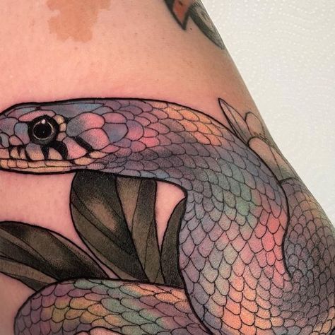 Snake Color Tattoo, Colored Snake Tattoo, Color Snake Tattoo Design, Pastel Snake Tattoo, Snake Tattoo Color, Colorful Snake Tattoos For Women, Snake Knee Tattoo, Iridescent Snake Tattoo, Colourful Snake Tattoo