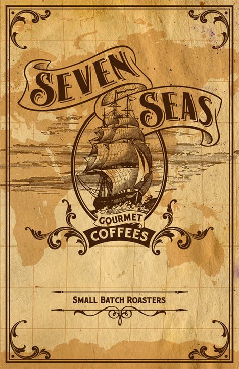 Seven Seas Gourmet Coffees Pirate Graphic Design, Pirate Larp, Tavern Restaurant, Menu Vintage, Cycle Painting, Beverage Poster, Menue Design, Easy Crafts To Sell, Vintage Business Cards