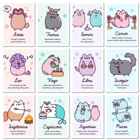 Zodiac Cute Art, Cat Zodiac Signs, Pusheen Zodiac Signs, Kawaii Cat Art, Kawaii Zodiac, Zodiac Cats, Zodiac Signs Animals, Zodiac Signs Pictures, The Cutest Animals