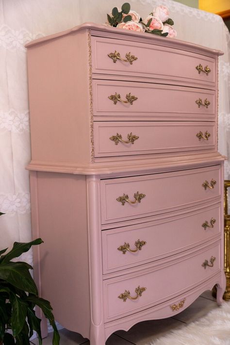 Girly Dresser Makeover, French Provincial Furniture Makeover, Pink French Provincial Dresser, Painted French Provincial Dresser, French Provincial Bedroom Furniture, Playroom Walls, Pink Painted Furniture, Apartment Lifestyle, Pink Office Decor