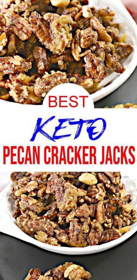 Keto Pecans! Great alternative for popcorn, caramel corn, crackers or chips - Keto copycat Cracker Jacks  will be your new favorite keto friendly snacks. Oven baked low carb candy pecan perfect for snacking. Easy on the go keto snacks for #keto low carb lifestyle. Great keto #snacks great for BBQ side dishes or camping food. Crispy caramel pecans everyone will love. Keto Snacks Easy On The Go candied pecans. Easy & simple ketogenic diet recipe for BEST nuts - #pecans #caramel Keto Pecans, Keto Cracker, Pecan Recipe, Keto Snacks Easy, Low Carb Candy, Low Carb Crackers, Caramel Recipe, Pantry Food, Breakfast Keto