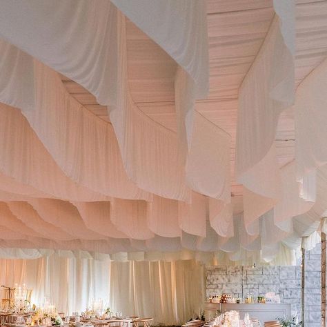 Indoor Wedding Drapery, Tent Ceiling Draping, Open Space Wedding, Draping Wedding Reception, Wedding Tent Draping, Ceiling Draping Wedding, Overhead Decor, Wedding Scent, Ceiling Wedding