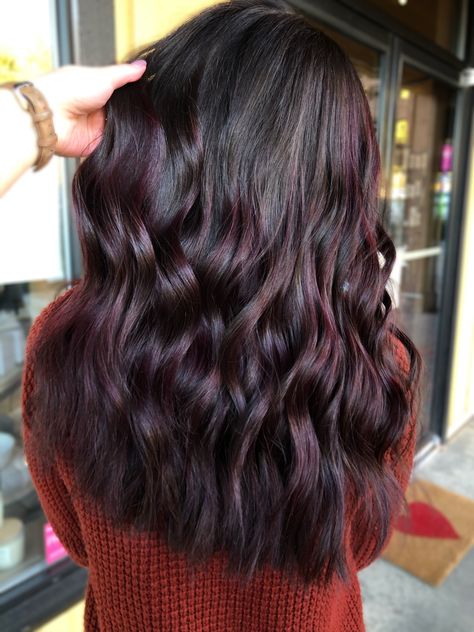 Deep Wine Balayage Hair, Dark Red Babylights, Burgundy Balayage On Black Hair Indian, Mohagany Red Brown Hair Color, Deep Burgundy Balayage, Plum Baylage Hair, Violet Lowlights In Brown Hair, Dark Violet Highlights, Brunette With Burgundy Highlights