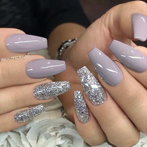 REPOST - -  - - Lilac-Grey and Glitter on Coffin Nails  - -  - -  Picture and Nail Design by @beautifiedbylito  Follow her for more gorgeous nail art designs!  @beautifiedbylito @beautifiedbylito - -  - - Products used: @semilac UV Hybrid Gel Polish "Little Stone" Glitter (custom mixed) - -  - - #coffinnails Grey Nail, New Years Eve Nails, Fall Acrylic Nails, Super Nails, Christmas Nails Acrylic, Acrylic Nails Coffin, Nail Polishes, Gorgeous Nails, Cute Acrylic Nails