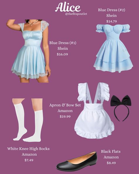 Alice in Wonderland Halloween Costume Inspo! #halloweencostume #halloween #aliceinwonderland #costumeinspo Alice In Wonderland Outfit Aesthetic, Alice In The Wonderland Costumes, Halloween Costumes Alice In Wonderland, Alice Wonderland Costume, Alice And Wonderland Costumes, Diy Alice In Wonderland Costume, Alice In Wonderland Inspired Outfits, Alice Halloween Costume, Alice In Wonderland Halloween Costume