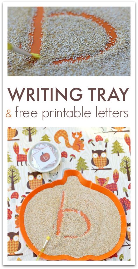 Sensory writing tray for preschool and kindergarten. Use grain to add texture and interest to writing. Includes FREE Printable Letter Cards. Sensory Writing, Fall Sensory, Thanksgiving Activities Preschool, Halloween Writing, Fall Lessons, Math Games For Kids, Thanksgiving Preschool, Free Printable Letters, Preschool Writing