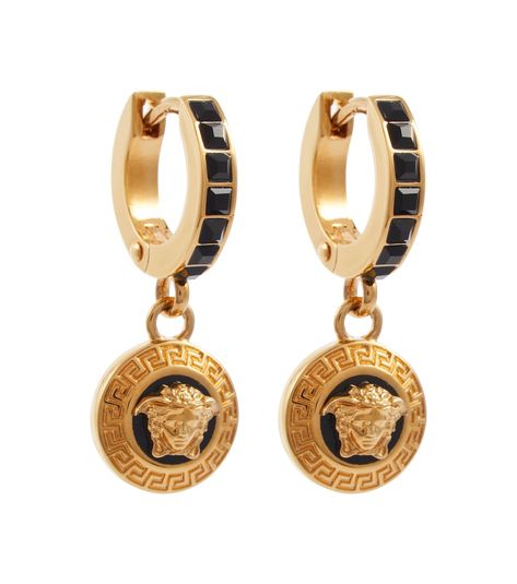 Shop or share your style of the product on ModeSens! Made in Italy from gold-toned brass, these earrings from Versace feature tiny hoops inlaid with glinting black crystals and small Medusa charms that will gently sway at your every move. Versace Earrings, Blessed Wednesday, Versace Gold, Versace Jewelry, Large Leather Tote Bag, Large Leather Tote, Closet Organizer, Satin Pumps, Jewelry Show