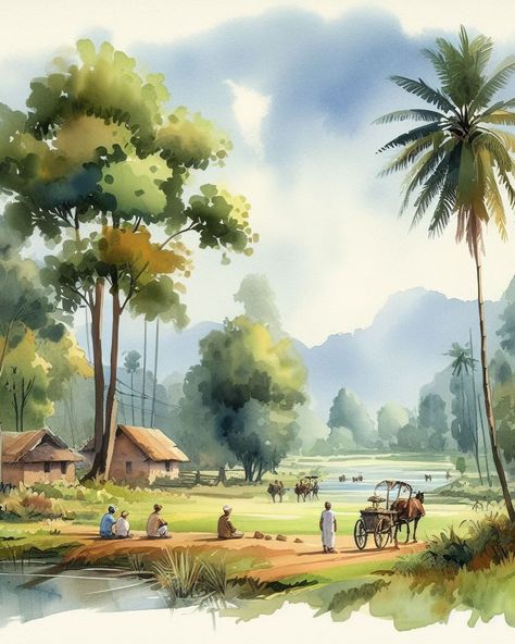 Reference picture for watercolour painting #reference #painting #art #artist #artgallery #artwork Good Morning Paintings Art, Poster Colour Painting Artworks, Water Colour Landscape Watercolour, Indian Landscape Paintings, Watercolor Landscape Paintings Nature Beautiful, Village Art Painting, Water Colour Painting Watercolour, Village Watercolor Painting, Village Scene Painting