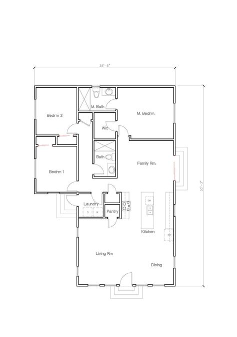 3 Bedroom 2 Bath (1,532SF) Floor Plan House Plan. Kitchen open to Living room. Separate family room. (35'-5"Width X  50'-3"Length) Kitchen Open To Living Room, Floor Plan With Dimensions, Exterior Elevation, Modern Contemporary House Plans, Contemporary Modern House, Open Kitchen And Living Room, Free House Plans, Kitchen Open, Interior Design Presentation