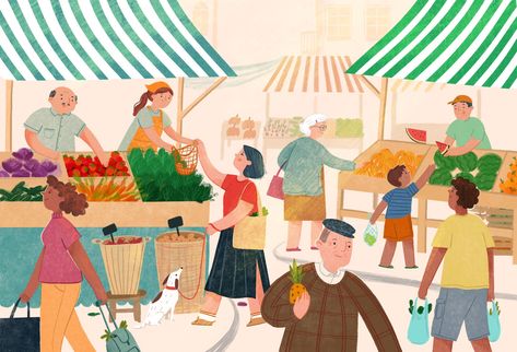 Farmer’s market no Behance Market Illustration Drawing, Farmer Market Illustration, Farmers Illustration, Farmers Market Illustration, Market Concept Art, Market Reference, Farmers Market Art, Farmer Illustration, Market Illustration