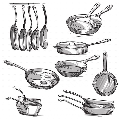 Food Sketch, Frying Pans, Object Drawing, Industrial Design Sketch, Vector Sketch, Still Life Drawing, Frying Pan, Frying, Downloadable Art