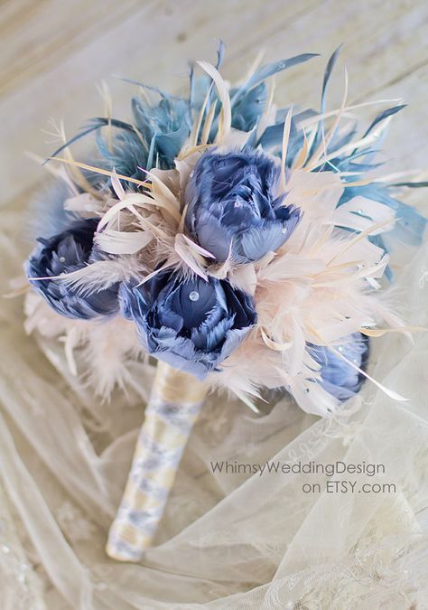 Slate blue and light pink feather bridal by WhimsyWeddingDesign, $100.00    #wedding #bridal #feather #bouquet #slate #blue #pink #white #ivory #elegant #weddings #design #bride #etsy Prom Bouquet With Feathers, Non Flower Bouquets, Bouquet With Feathers, Homecoming 2024, Prom 23, Homecoming Flowers, Prom Bouquet, Feather Bouquet, Prom 2023