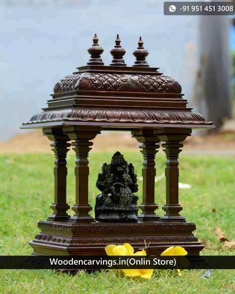 Pooja Mandapam Designs, Ganesh Idol At Home Entrance, Wood Pooja Mandir, Classic House Interior Design, Wooden Temple For Home, Wooden Temple, Ganpati Decoration At Home, Indian Temple Architecture, Single Door Design