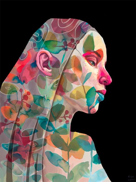 Revealing Struggles and Joy, Expressive Portraits Are Superimposed onto Watercolor Foliage | Colossal Expressive Portraits, Portrait Au Crayon, Watercolor Foliage, Posca Art, Colossal Art, Spanish Artists, Arte Inspo, A Level Art, Creative Portraits