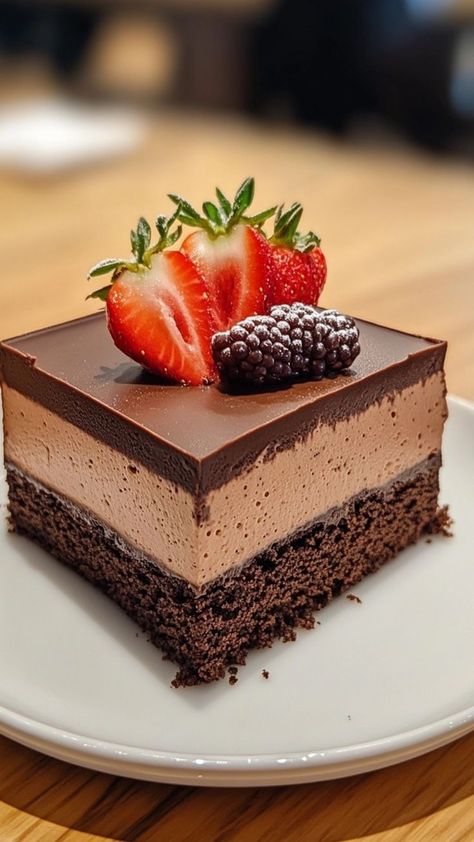 Three times the chocolate, three times the love! 💖🍫 This Triple Chocolate Mousse Cake is rich, velvety, and perfect for satisfying your sweet tooth. A dessert worth savoring! ✨🍰 #TripleChocoTreat #MousseCakeLove #RichAndLuscious #ChocolatePerfection #DessertGoalsAchieved #SweetLayeredBliss #BakingHappiness #ChocoDreamComeTrue #UltimateSweetFix #DessertMagic Chocolate Mouse Recipe, Triple Chocolate Mousse, Chocolate Lasagna Recipe, Chocolate Mousse Desserts, Chocolate Mousse Cups, Triple Chocolate Mousse Cake, Chocolate Mousse Cake Recipe, Mousse Chocolate, Chocolate Truffle Cake