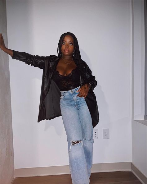 Jeans And Leather Jacket Outfit Heels, Night Out Jacket Outfit, Black Tights Going Out Outfit, Manchester Night Out Outfit, Boston Night Out Outfit Winter, Leather Jacket Date Outfit, Leather Blazer Outfit Going Out, Jeans And Bodysuit Outfits Winter, Leather Jacket Dinner Outfit