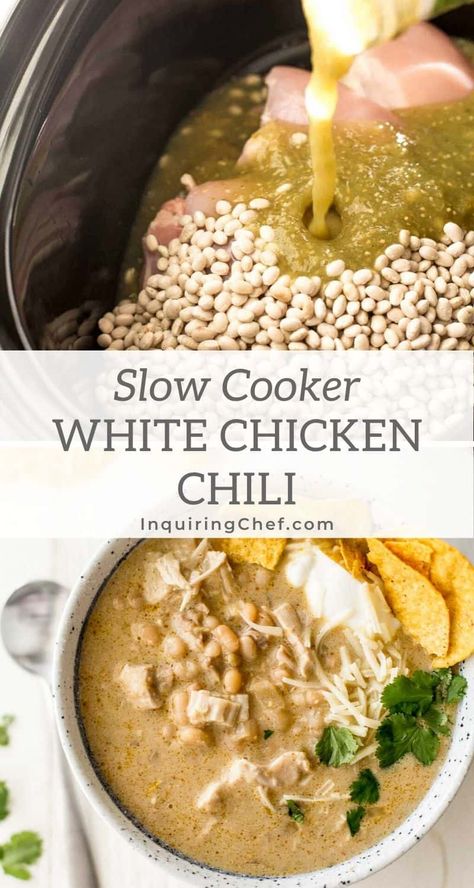 No-prep thick and creamy slow cooker white chicken chili. Just combine everything in the slow cooker and dinner is done. Crockpot Chicken Chili Recipes, Slow Cooker White Chicken Chili, White Chicken Chili Healthy, Slow Cooker Chicken Stew, White Chicken Chili Slow Cooker, White Chicken Chili Recipe, Chicken Chili Crockpot, Slow Cooker Chicken Chili, Crockpot White Chicken Chili