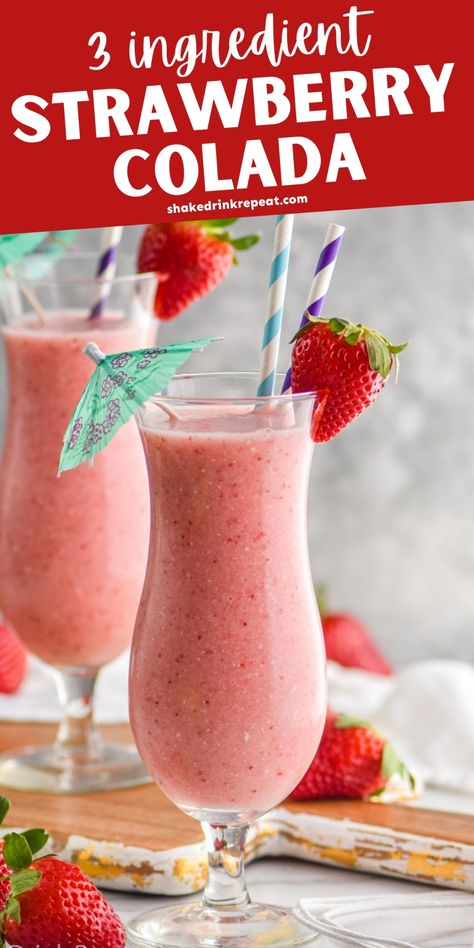 The Strawberry Colada is an easy to make frozen cocktail that tastes just like one you'd get on vacation. Strawberries, cream of coconut, rum and strawberry lemonade combine in this delightful drink that will keep your blender busy all summer long! Strawberry Rum Drinks, Frozen Alcoholic Drinks Recipes, Frozen Mixed Drinks, Coconut Delight, Coconut Rum Drinks, Strawberry Colada, Frozen Drinks Alcohol, Rum Drinks Recipes, Blender Drinks