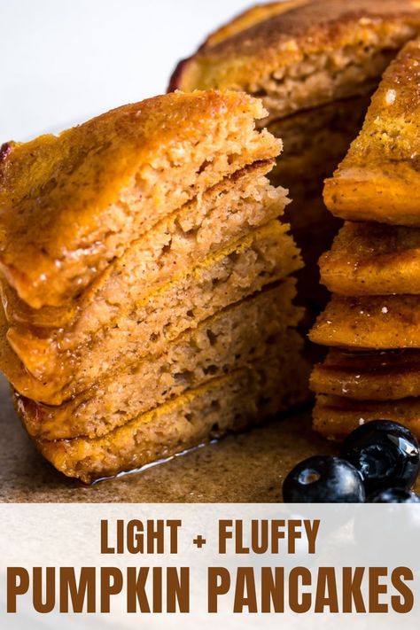 These amazing pumpkin pancakes are light, fluffy, and full of pumpkin flavor. Top them with maple syrup and a dash of cinnamon, and you've got yourself an amazing breakfast for those chilly fall and winter days. This pumpkin pancake recipe is easy to make and a guaranteed crowd pleasing breakfast! Pumpkin Pancakes Recipe, Fluffy Pumpkin Pancakes, Pumpkin Pancake, Pumpkin Creme Brulee, Apple Cinnamon Pancakes, Easy Pumpkin Dessert, Peanut Butter Pancakes, Pecan Sticky Buns, Winter Breakfast