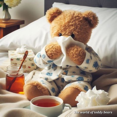 Sylvie Callisto (@the_world_of_teddybears) • Instagram-Fotos und -Videos Sick Teddy Bear, Cold Sick, Tea With Honey, Hope Youre Feeling Better, Cute Teddy Bear Pics, Cold Feeling, Beautiful Christmas Scenes, Bear Images, Get Well Wishes