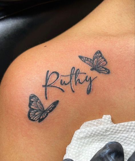 Butterfly With Name Tattoo, Butterfly Memorial Tattoo, Sarah Tattoo, Tattoo Memorial, Unique Tattoos Black Women, Memorial Tattoo Quotes, Memorial Tattoo Ideas, Butterfly Memorial, Cute Thigh Tattoos