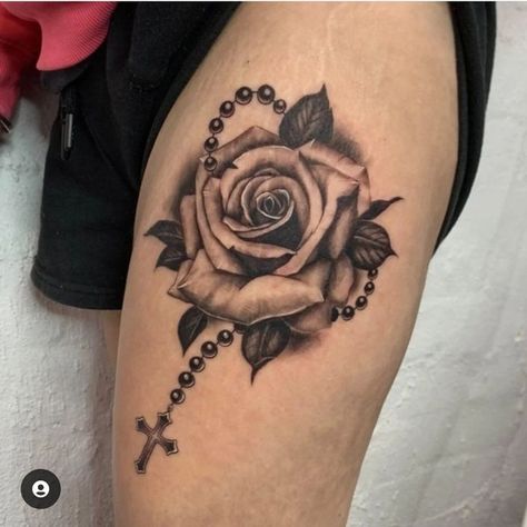 Rose Rosary Tattoo, Rosary Tattoo With Flowers, Roses And Rosary Tattoo, Rose With Rosary Tattoo Design, Christian Rose Tattoo, Rose And Cross Tattoos, Rose Neck Tattoo, Rose And Butterfly Tattoo, Rosary Tattoo