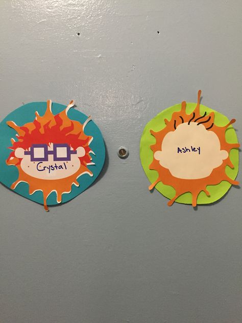 Phineas And Ferb Door Decs, Rugrats Classroom Theme, Dorm Name Tags, Res Life Door Decs, Ra Door Tags, Ra Decorations, Dorm Themes, Ra Door Decs, Dorm Door