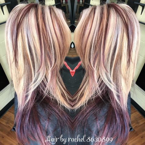 Blonde Balayage Red Lowlights, Blonde Hair With Red Highlights Burgundy, Blonde And Dark Red Highlights, Transition Red To Blonde Hair, Burgandy Hair With Blonde Highlights Red, Rose Gold Hair With Blonde Money Piece, Blonde With Maroon Highlights, Blonde W Red Highlights, Blonde Red Lowlights