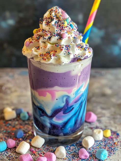 Swirl Freakshakes 🌠  𝗜𝗻𝗴𝗿𝗲𝗱𝗶𝗲𝗻𝘁𝘀 - 2 cups vanilla ice cream - 1/2 cup milk - 1/4 cup blue food coloring - 1/4 cup purple food coloring - Whipped cream - Sprinkles - Mini marshmallows - Edible glitter Instructions 🌠 1. In a blender, combine the vanilla ice cream, milk, and blue food coloring. Blend until smooth. 2. Pour the blue milkshake into a glass, filling it halfway. 3. Rinse the blender, then combine the vanilla ice cream, milk, and purple food coloring. Blend until smooth. Glitter Marshmallows, Blue Milkshake, Princess Food, Purple Food Coloring, Purple Food, Fairytale Princess, Blue Food Coloring, Ice Cream Candy, Cute Baking