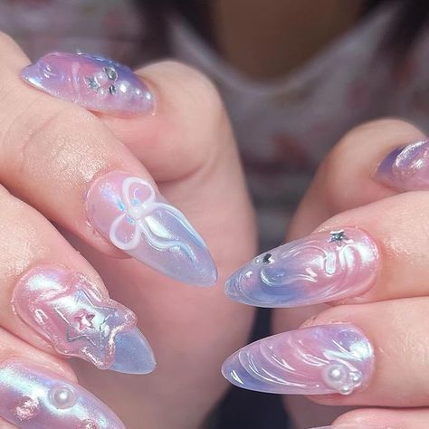 Nails @ Tampines on Instagram: "Blushing blues and pinks with a hint of chrome, adorned with 3D ribbons. This set is one of my favorites! 🩷🩵 __ 🫧 Manicure | Nail Art | Extensions  🎐 MRT: Tampines East  🔗 BUS: 28 (6th stop from Tampines Interchange) 📍Tampines Street 45" Cute Nails Pink And Blue, Cute Chrome Extensions For Fun, Pink And Blue Nail Art, 3d Ribbon Nail Art, Pink Blue Nail Art, Blue And Pink Nail Designs, Nails Blue And Pink, Pink And Blue Nails Design, Blue Pink Nails