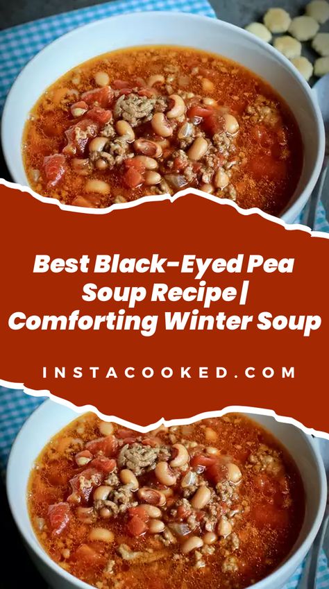 A bowl of hearty Black-Eyed Pea Soup, featuring a rich blend of pork sausage, ground beef, and a variety of spices. The soup, with chunks of tomatoes and green chilies, is served steaming hot, ideal for a comforting winter meal. A side of cornbread complements the dish perfectly. Black Eyed Pea Soup With Sausage, Black Eye Pea Soup, Black Eyed Pea Soup, Pea Soup Recipe, Canned Green Chilies, Black Eyed Pea, Winter Soup, Hearty Soup, Corn Soup