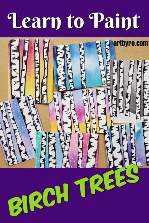 Paint Birch Trees, Watercolor Birch Trees, Winter Birch Trees, Square 1 Art, Birch Trees Painting, Trading Card Ideas, Beginners Art, Birch Tree Art, Birch Tree Painting