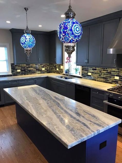 Beautiful Crystal Blue 2cm Polished Quartzite Material :: Hearthstone Staging & Design #Countertops #Kitchen #CustomizedCountertops White And Blue Granite Countertops, Blue Stone Countertops Kitchen Counters, White And Blue Countertops, Blue Gray Countertops Kitchen, Blue Marble Kitchen Countertops, Crystal Countertop, Blue Quartzite Countertops, Blue Marble Countertops, Blue Marble Kitchen